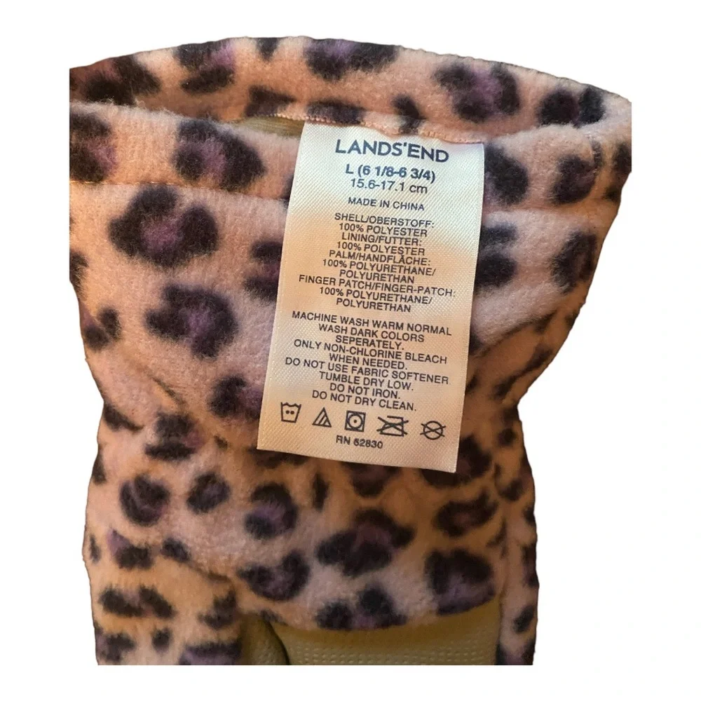 Lands' End Girls Fleece Winter Gloves L Lavender Cheetah Animal Print NWOT